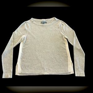 Light & cozy activewear sweater, Title Nine. Lt heathered grey, cream stripes, S
